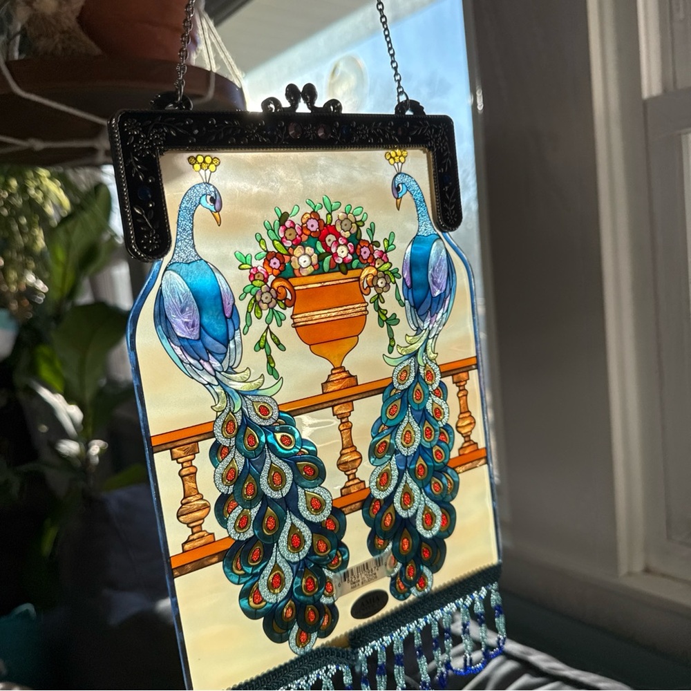 AMIA Stained Glass Peacock Suncatcher Beaded Purse Design Metal Frame Jewels - Picture 2 of 7